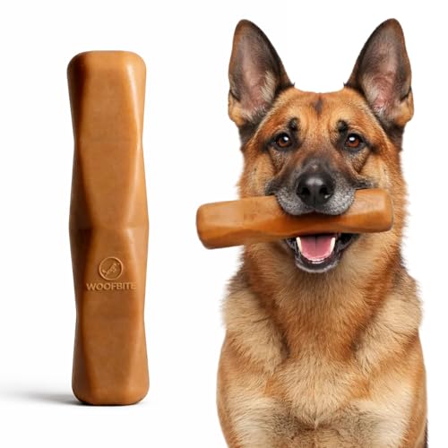 WoofBite Virtually Indestructible Dog Stick Toy - Natural Series - Lifetime Replacement - Durable Chew Toy for Aggressive Chewers - Safe Non-Toxic Natural Rubber - Chew, Tug & Fetch - Med/Large, 8”x2”