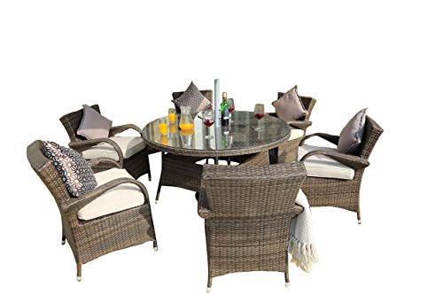 Direct Wicker 7 Pieces All-Weather Round Wicker Dining Table and Chairs Patio Ding Sets (Brown Wicker)