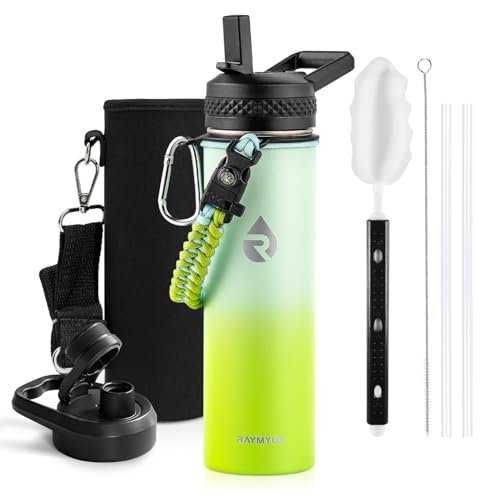 Image of RAYMYLO Insulated Water Bottle 20 oz, Triple Wall Vacuum Stainless Steel (Cold for 24Hrs, Hot for 12Hrs), Leak Proof & Non-BPA, Modern Water Bottle Jug for School with Straw Spout Lids