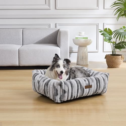 Image of Modern Threads Ribbed Plush Two-Tone Cuddler Dog Bed, Ultra-Soft Faux Rabbit Fur, Supportive Bolstered Sides, Removable Washable Cover, Bed for Medium Dogs, Silver, (28 inch L x 21 inch W x 9 inch Th)