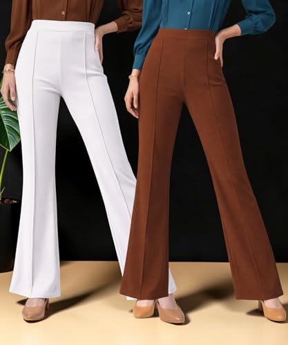 Image of Women Solid Flared Trousers Pack of 2 | High Waist Stretchable Office Pants for Women | Formal Bell Bottom Palazzo Trouser Combo