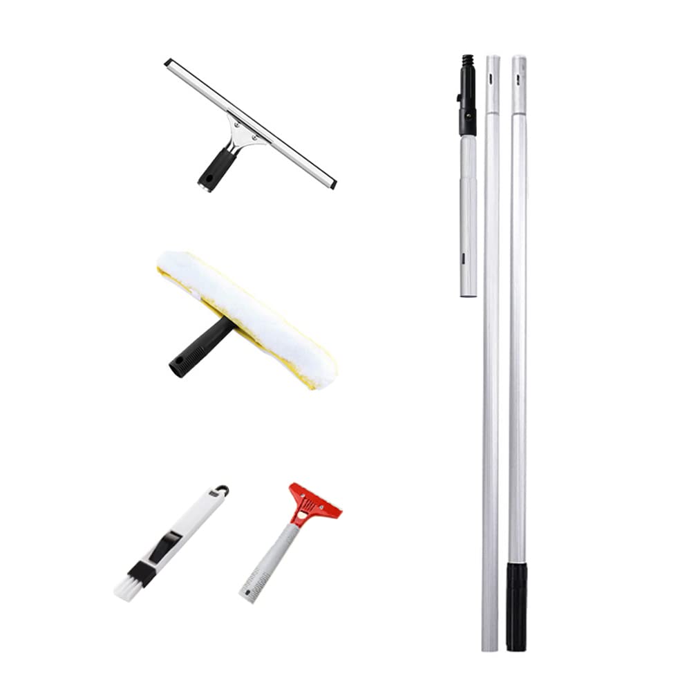 Limpiacristales para ventanas con limpiador de microfibra con mango de 2,4 m de largo, rasqueta ligera de aleación de aluminio, barra de limpieza de ventanas para un fácil acceso y ventanas brillantes