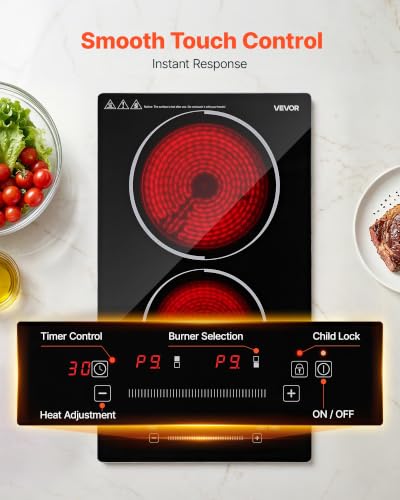 Image of VEVOR Electric Cooktop 12inch 2 Burners Portable Stove Top 1800W 120V, Ceramic Countertop /Built-in Radiant Electric Stove, with 9 Power Levels, Timer, Child Lock, Over-Heat Guard, Touch Control