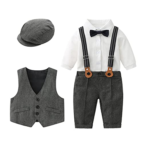 Image of Boarnseorl Baby Boys Long Sleeve Gentleman Outfits Set,Shirt+Pants+Vest+Suspenders+Bowtie+Cap,3-6M