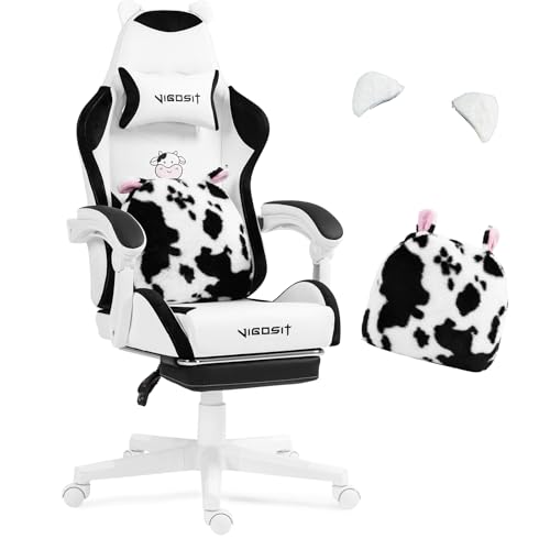 Silla de gaming linda con orejas y cojines Kawaii, silla ergonómica para juegos de ordenador para niñas con soporte lumbar y reposapiés, cómoda silla para videojuegos para adolescentes (BlackWhite)