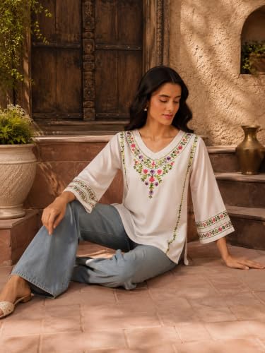Image of QAZMI Women's Amina Kashmiri Embroidered V-Neck Short Kurti