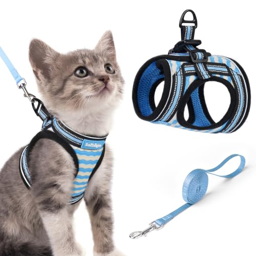 Image of rabbitgoo Cat Harness and Leash Set, Step-in Soft Vest, Blue Wave | Escape Proof, Lightweight, Easy-on & Adjustable, Hook & Loop with Buckle, Reflective, for Kittens & Small Cats Walks, S