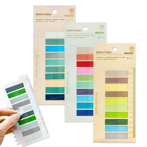 Image of FunBlast PET Sticky Notes - 600 Pcs Transparent Sticky Tabs, Morandi Pastel Page Markers with Ruler, Clear Index Tabs for Books, Notes, and Office Use
