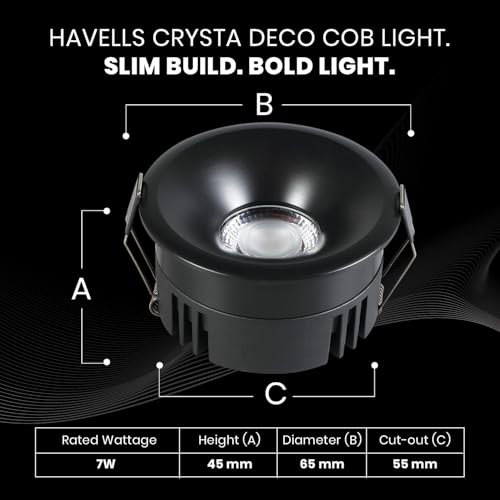 Image of Havells Crysta Deco Cob 7W 3K Matt Black,Led-Spotlights,Energy Efficient,Long Life of 25000 Burning Hours,Beam Angle of 36,Metal Body Cob with Independent Driver,Warm White (3000K) Pack of 8