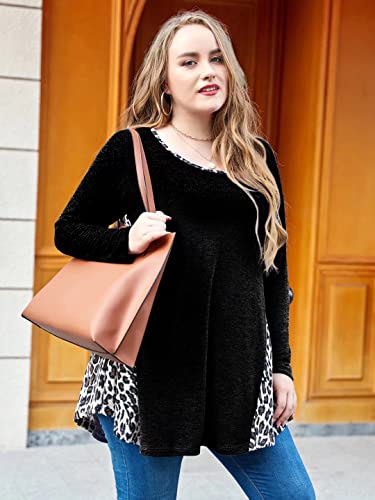 Larace Leopard Print Tops For Women Plus Color Block Sweatshirt Pullover Sweaters Long Sleeve Tunic Loose Shirts, C-Black Heather 2X #TOP1