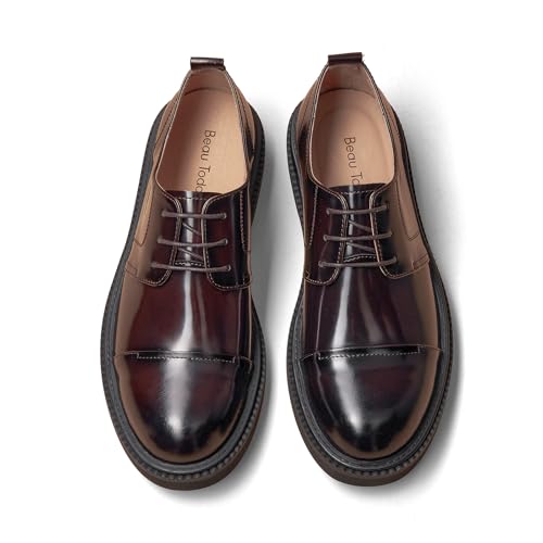 Image of BEAU TODAY Mens Oxford Shoes, Business Dress Shoes for Men Lace-Up Formal Cap Toe Genuine Leather Men Derby Shoes Classic Casual Comfortable Oxfords