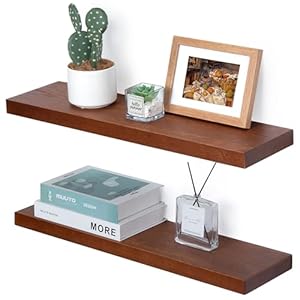 Marsmiles Wooden Floating Shelves 24 Inch, Rustic Wall Mounted Shelves Cherry Wood Color Set of 2, Solid Pine Wood Shelves for Bathroom Kitchen Living Room Bedroom – Cherry Walnut