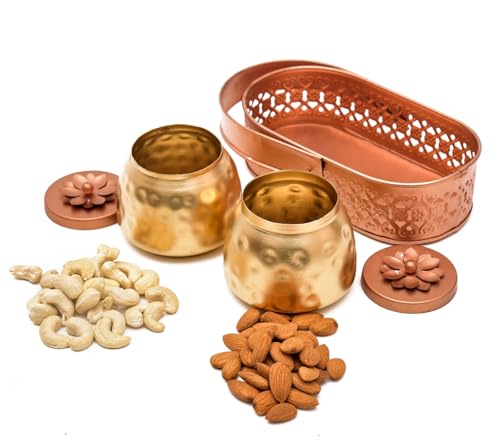 Image of Sanvatsar Square Shape Metal Basket with Jar Tray 2 Copper Flower Container Dry Fruits Chocolate Sweets Candys Gifts Set for Office, Home Decor Table Decoration Item