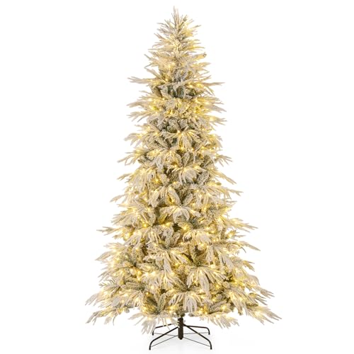 Image of Goplus 8 FT Pre-Lit Snow Flocked Christmas Tree, Artificial Hinged Xmas Tree with 1108 PE & PVC Mixed Branch Tips, 450 Warm White LED Lights, Foldable Metal Base, Home Office Decoration