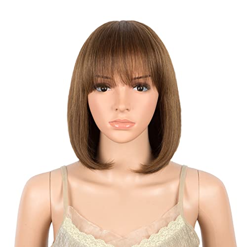 QUEEN VIRGIN REMY QVR Human Hair Bob Wigs with Bangs Ombre Brown Brazilian Straight Human Hair Wigs for Women 130% Density Glueless Bangs Wig Ombre Color