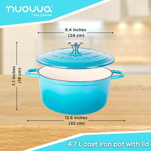 Nuovva Enamelled Cast Iron Dutch Oven Pot with Lid – 5 Quart Casserole Dish – Ceramic Dutch Oven for Bread Baking, Roasting, Braising & Stews – Oven Safe up to 500°F – 24cm Blue