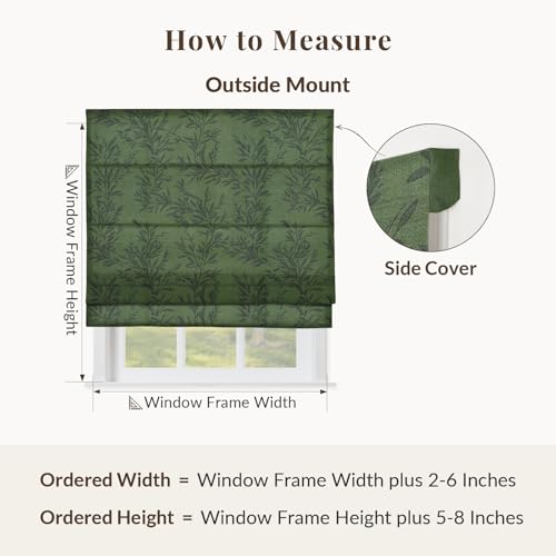 Image of TWOPAGES No Drill Cordless Vintage Leaf Print Roman Shades Linen Textured Roman Blinds for Windows, Custom Made Room Darkening Light Filtering Roman Window Shades, Moss, 1 Piece