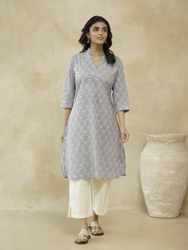 Image of GOODHAND Women Cotton Block Printed Kurta, Straight Fit Ethnic Kurti for Daily,Office & Casual Use