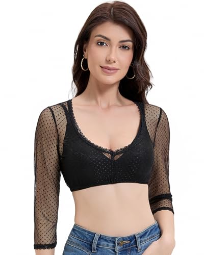 Trachtland Dirndl Bluse Damen Langarm Trachtenbluse Oktoberfest Elegant Transparent mit V Ausschnitt Schwarz Größe 34-44 (DE/NL/SE/PL Numerisch 36 Regular Regular Schwarz)
