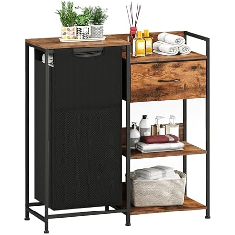 Somdot Laundry Hamper with Fabric Drawer and Shelves, Laundry Basket Sorter with 15.8 Gallons (60L) Pull-Out and Removable Bag, Wood Grain Print Cover