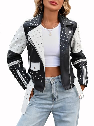 LY VAREY LIN Women's Faux Leather Rivet Studded Jacket Moto PU Short Jacket Punk Fashion Coat