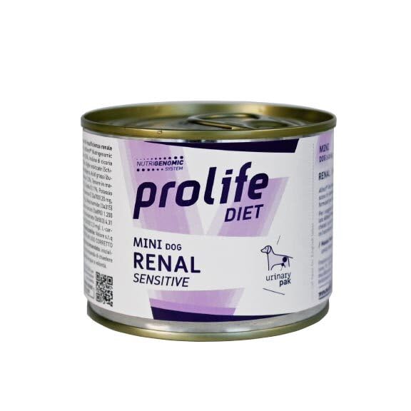 Prolife Renal Diet Dog Alimento completo para perros con insuficiencia renal, dieta veterinaria, sabor cerdo, 6 latas de 200 gramos cada una.