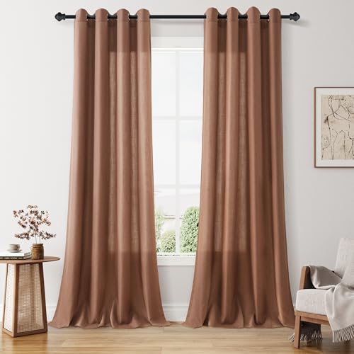 Image of Cappuccino Linen Curtains 90 Inches Length for Living Room Sliding Glass Door Light Filtering Privacy Sheer Drapes Modern Elegant Cotton Textured Grommet Top Gauze Window Curtain 52x90, 2 Panels Set
