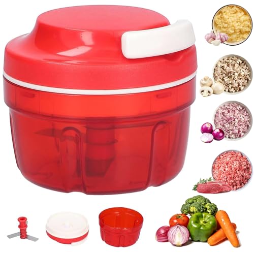 Raheem Zwiebelschneider Manuell mit Seilzug Gemüse Zwiebel Zerkleinerer Haushalt Kordelzug Design für Chili/Zwiebeln/Gemüse/Nüsse/Obst/Paprika/Fleisch/Knoblauch/Püree-Lebensmittel (Rot)