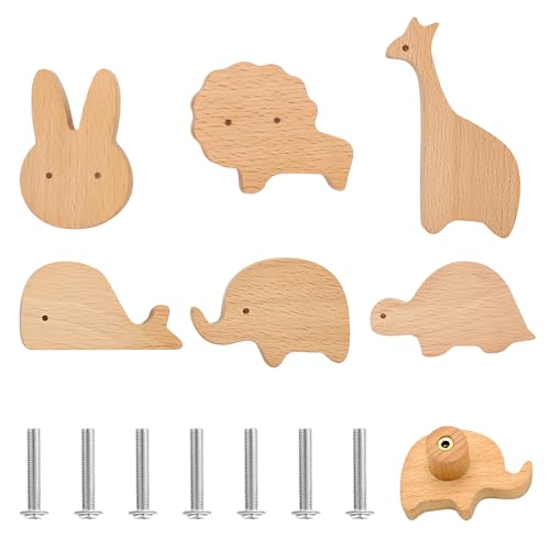 VOSSOT Lot de 6 boutons d'armoire en bois pour chambre d'enfant - En forme animal - Poignées de tiroir en bois avec motifs d'animaux