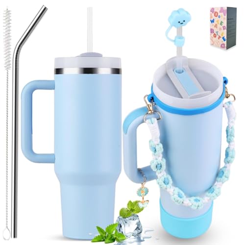 Sanilinwild 40 oz Tumbler Insulated Mug w/Straw & Flip Cap Lids - Cup Holder Bottle with 6 Accessories Set for Hot, Cold Drink - Leak-Proof - Water, Coffee Portable Travel Mug (Sky Blue)