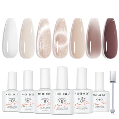 modelones Gel Nail Polish, Hema Free 6 Colors Cat Eye Gel Polish, Nude Brown White Jelly Neutral Gel Polish Set Sheer Transparent Effect Soak Off UV DIY French Nail Art Manicure Gifts for Women
