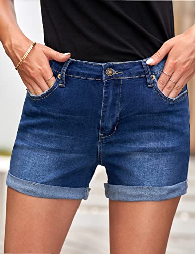 Utyful Women's Summer Stretchy Denim Shorts High Rise Folded Hem Casual Jean Shorts Folded Hem-Dark Blue Large #TOP4