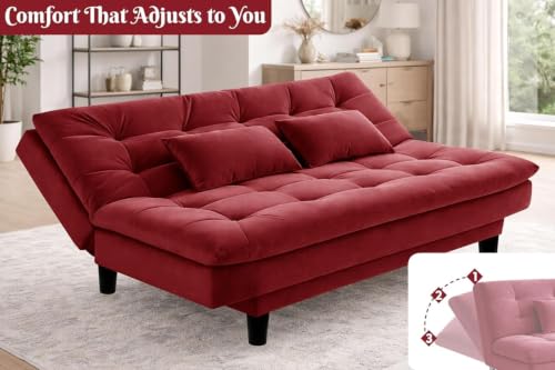 Image of Modern 3-Seater Futon Sofa Bed with Tufted Sleeper Couch Sofa with Adjustable Backrest- Living Room Furniture-Red
