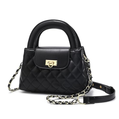 Small Quilted Crossbody Purse for Women, Faux Leather Top Handle Bag with Chain Strap