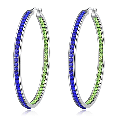 CiNily Womens Hoop Earrings Stainless Steel Blue and Green Cubic Zirconia Large Big Hoop Earrings Hypoallergenic for Sensitive Ears 50 mm