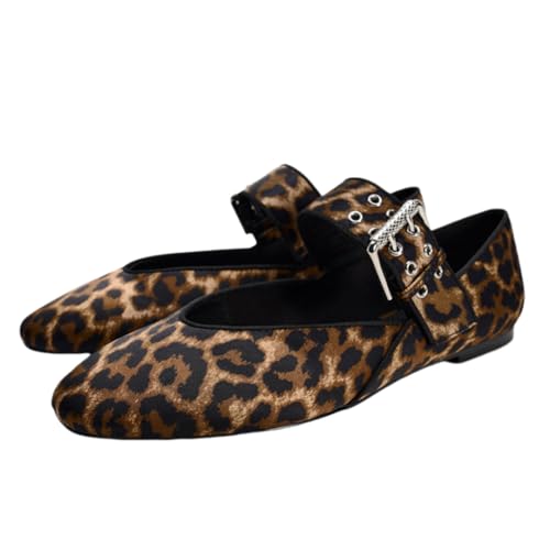CRETUAO Ballerines léopard pour Femmes, Chaussures Mary Jane à Bout carré et Boucle Tendance, Chaussures habillées décontractées et Confortables à Talon...