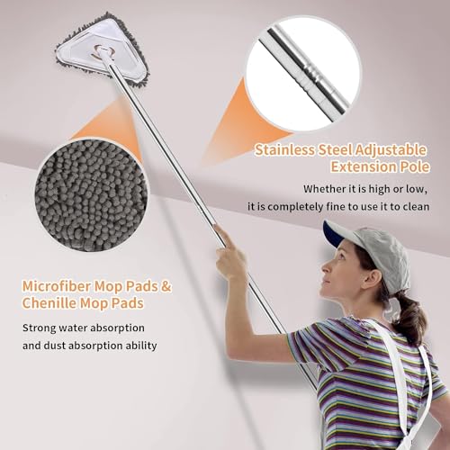 Image of Wall mop Cleaner with Long Handle,Triangle Microfiber Dust Mop Baseboard Cleaner Tool Ceiling Washer Window Washing Kit with Extension Pole2 Removable Washable Replacement