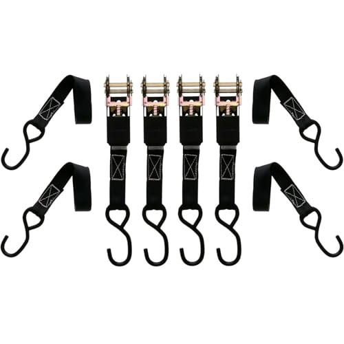 Muddy 1 X 10 Standard Duty Durable Reliable Weather-Resistant Versatile Reinforced Ratchet Straps with Vinyl-Coated S-Hooks | 300LB Working Strength/900LB Breaking Strength | 4 Pack Black