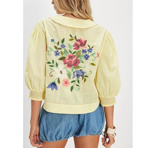 Women Y2k Button Up Embroidered Floral Blouse Crop Tops Cute Puff Smocked Sleeve Going Out Tshirts3
