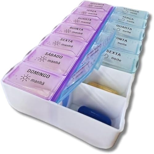 Porta Comprimidos Semanal Caixa Organizadora Remédios e Vitaminas Estojo semanal com Compartimentos para 2 Doses Diárias - Manhã e Noite Porta Remédios Semanal