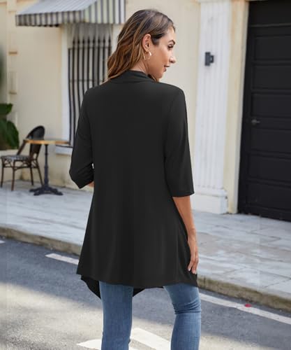 Women's Open Front Cardigan Lightweight Soft Knit 3/4 Sleeve High-Low Draped Hem Loose Casual Duster3
