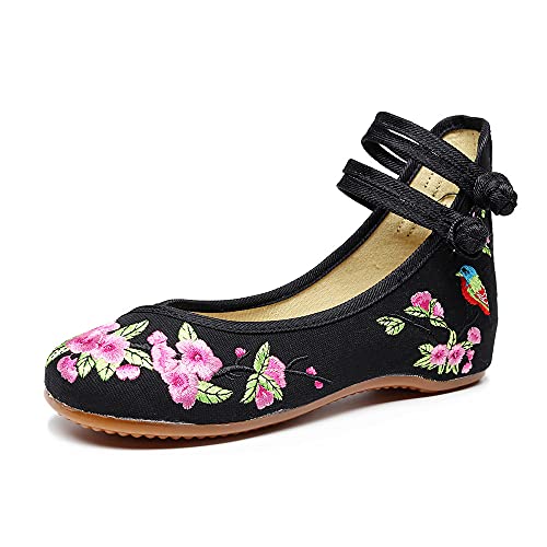 Women's Floral Embroidered Flat Shoes Chinese Traditional Strap Walking Mary Jane Flats Handmade Flower Embroidery Dress Shoes for Cheongsam