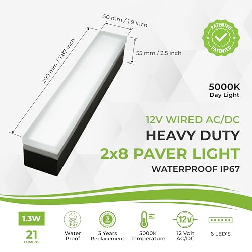 Image of LUMENGY Paver Light 2x8 Inch (1.97x7.87), 5000K Daylight, Glare-Free Brick Lighting for Driveways, Walkways, Pool Decks and Patios, 12V Hardwired, IP67 Waterproof, Drive-Over Rated