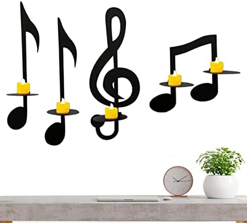 4 Pcs Music Note Candle Holder, Black Music Note Wall Sconce Iron Candle Holder Decorations, Tea Light Candle Rack, Hanging Wall Signs Music Theme Wall Decors For Home, Classroom