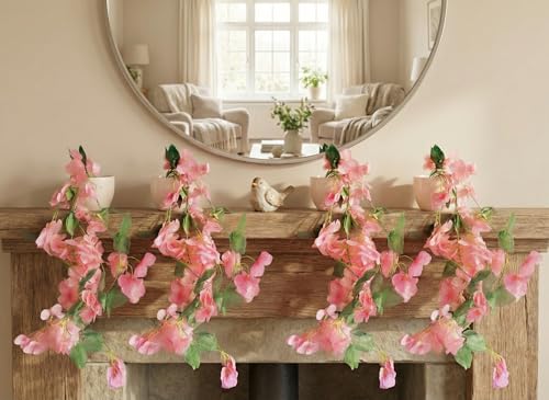 Image of Dekorly Artificial Hanging Garland with Pot - 100cm Vine, 10cm Decorative Pot for Table, Shelf & Wall Decor (4, Pink)