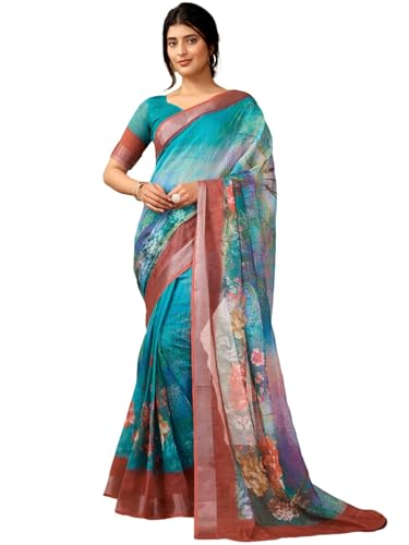 Image of Satrani Women's Linen Printed & Zari Border Ready To Wear One Minute Pre Pleated Readymade Saree with Unstitched Blouse Piece