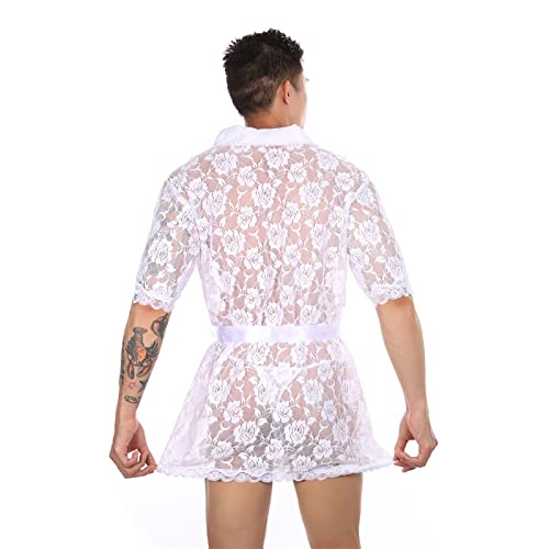 Hksichengkeji SHUI-QUN-99-SCNUS Men Sexy Lace Bathrobe Floral Mesh Lingerie Transparent Belted Sleepwear Ultra-Thin Pajamas Suit Nightgown Kimono Robe Unisex thumb #2