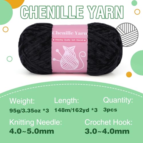 Image of LUNARM Chenille Yarn for Crochet Knitting Chunky Blanket Velvet Yarn | 3 Pack 3.5oz /100g 486 Yard Black Chenille Yarn for Beginners Knitting Scarves with Big Eye Needles Machine Washable