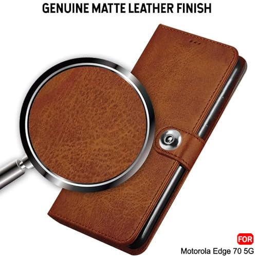 Image of TheGiftKart Flip Cover Back Case for Motorola Moto Edge 70 5G | Genuine Leather Finish | Designer Button | Inbuilt Pockets & Stand | Wallet Style Flip Case Cover for Moto Edge 70 (Faux Leather, Brown)
