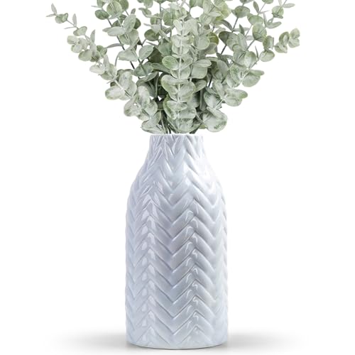 STHIE Light Blue Embossed Ceramic Vase, 8 Inch Decorative Vase for Home Decor, Watertight Vase for Fresh or Dried Flowers, Boho Farmhouse Table Centerpiece